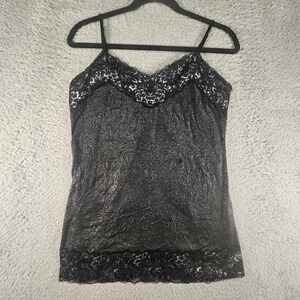 Vtg Vanity Cami Top Junior L Black Metallic Lace Trim Crinkle Y2K Whimsigoth 90s